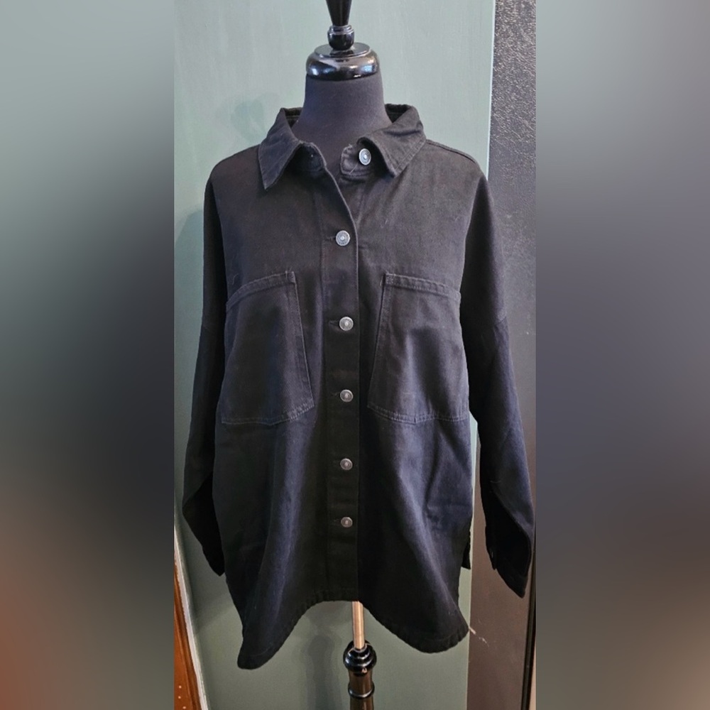 Oversized Black Button-Up Denim Jacket with Pockets - Hudson